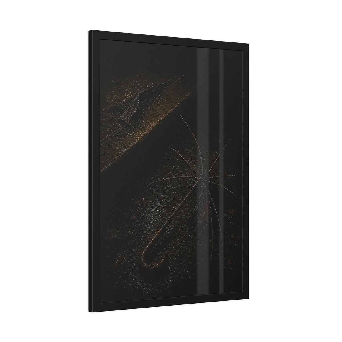 A stripped umbrella frame on wet pavement, its fabric torn away. The Stripping of the Canopy by Garabaggio, framed fine art print hanging in a room.
