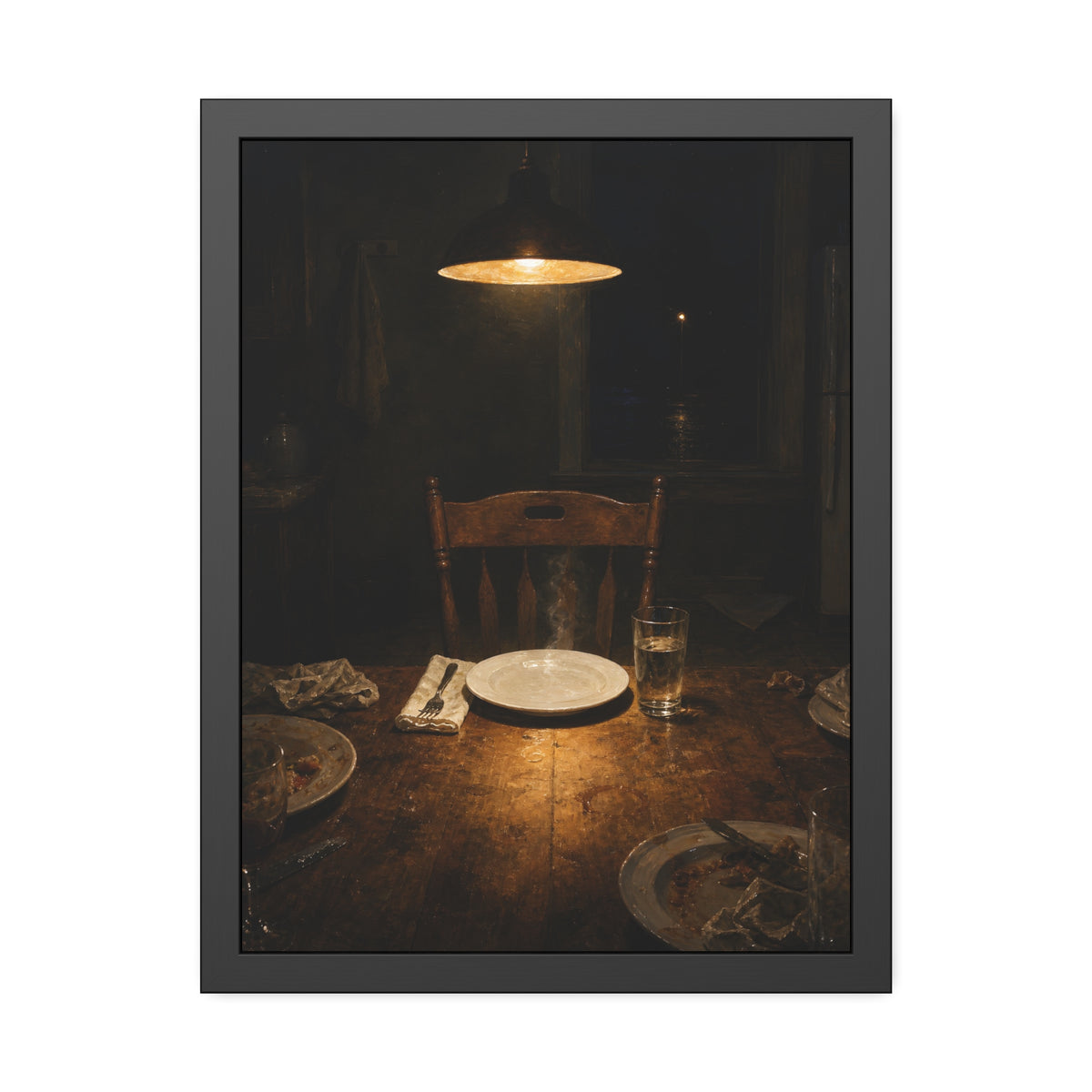 A clean plate and empty chair under a hanging lamp at a used dinner table. The Empty Seat at Dinner by Garabaggio, framed fine art print, 18″ x 24″.