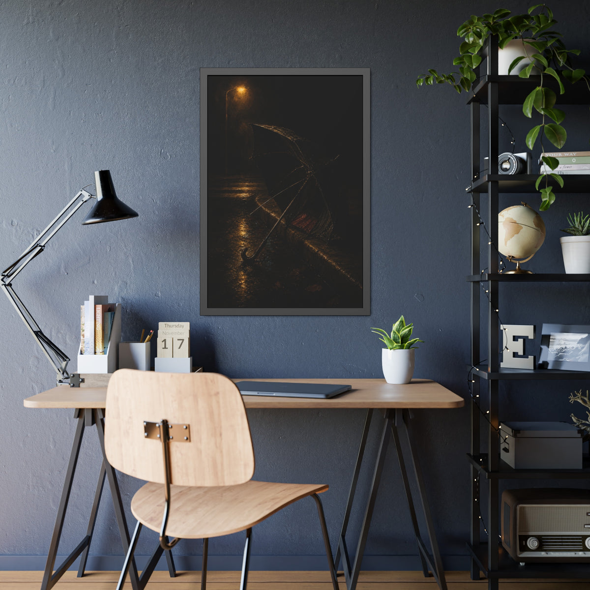 An open umbrella with bent ribs on a wet curb under a street lamp. The Presentation at the Crosswalk by Garabaggio, framed fine art print hanging in a room.