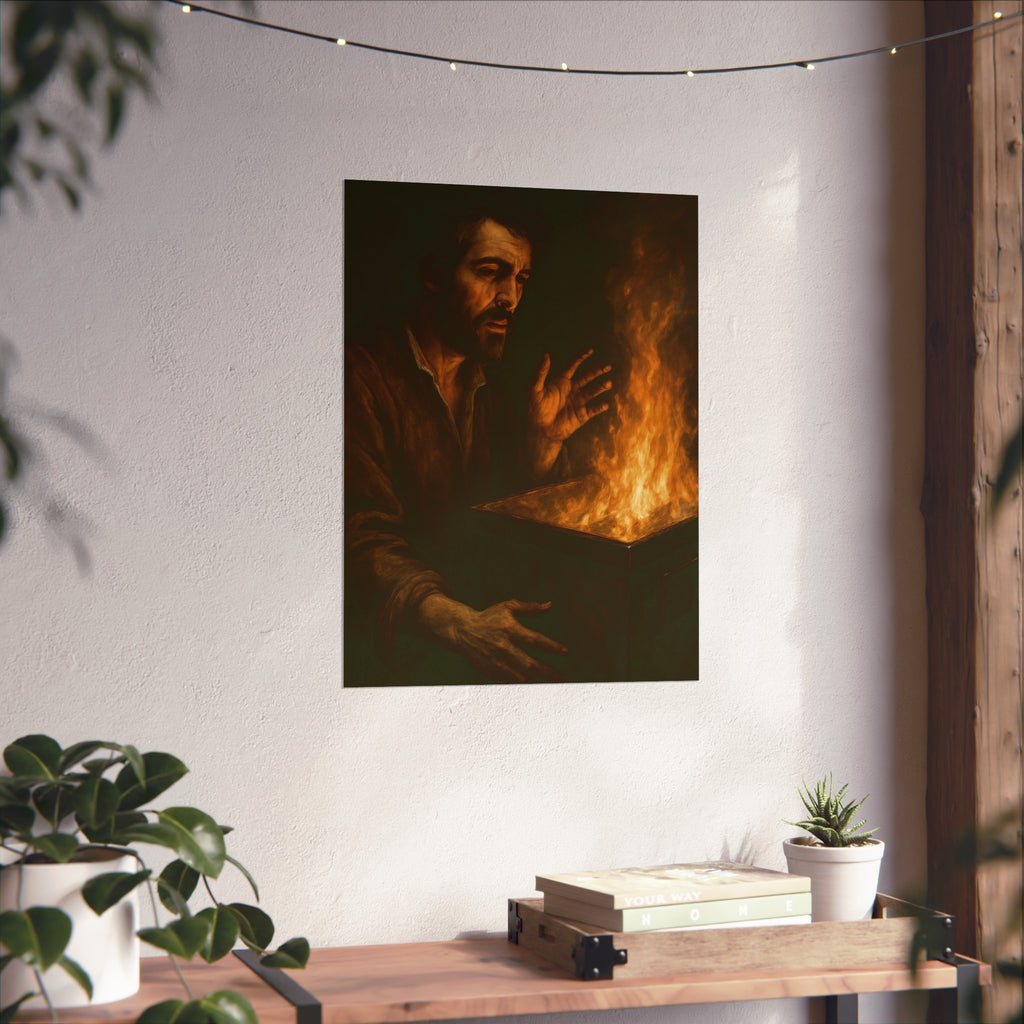 Man holding both hands toward the flames of a burning dumpster. Self-Portrait Warming the Hands by Garabaggio, fine art print hanging in a room.