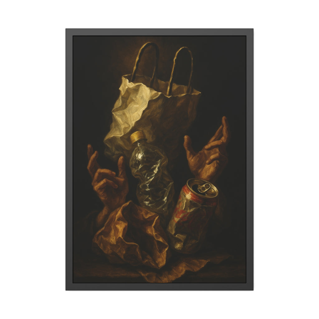 Two hands raised beside a paper bag, crushed bottle and dented can. The Assumption of the Discarded by Garabaggio, framed fine art print hanging in a room.