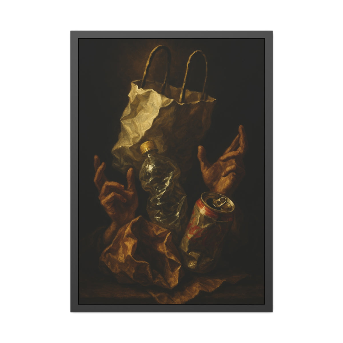 Two hands raised beside a paper bag, crushed bottle and dented can. The Assumption of the Discarded by Garabaggio, framed fine art print hanging in a room.