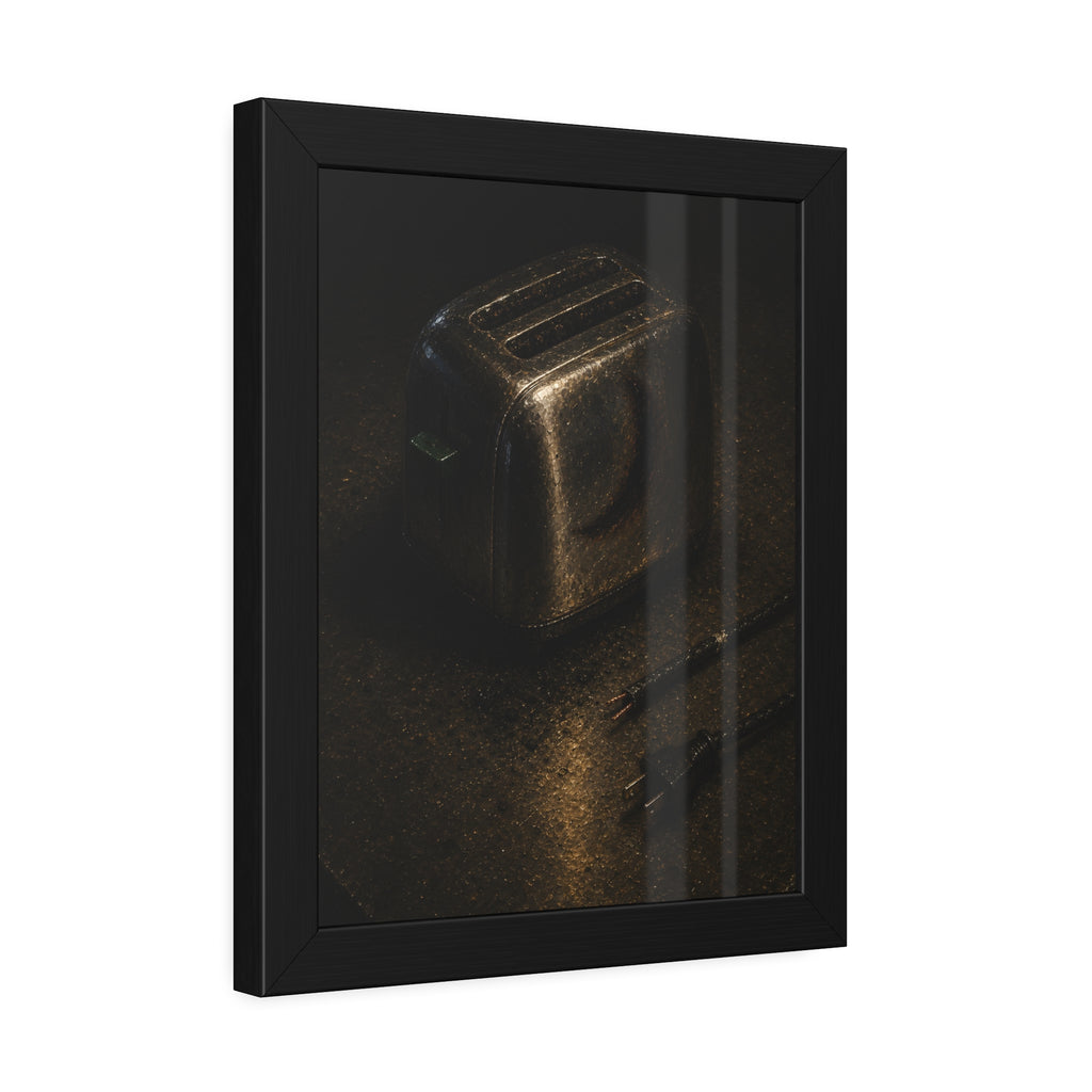 A scorched toaster on a metal table beside its severed cord and plug. The Severing of the Cord by Garabaggio, framed fine art print hanging in a room.