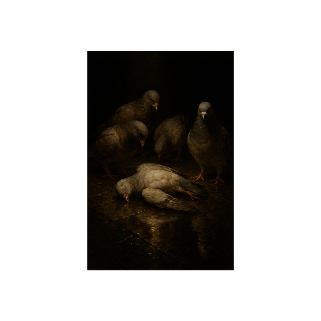 Four pigeons standing over a dead pigeon on wet pavement. The Lamentation by Garabaggio, fine art print hanging in a room.