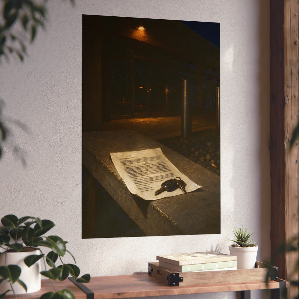 A printed page and car keys on a concrete ledge outside an office at night. The Last Email, Printed by Garabaggio, fine art print hanging in a room.