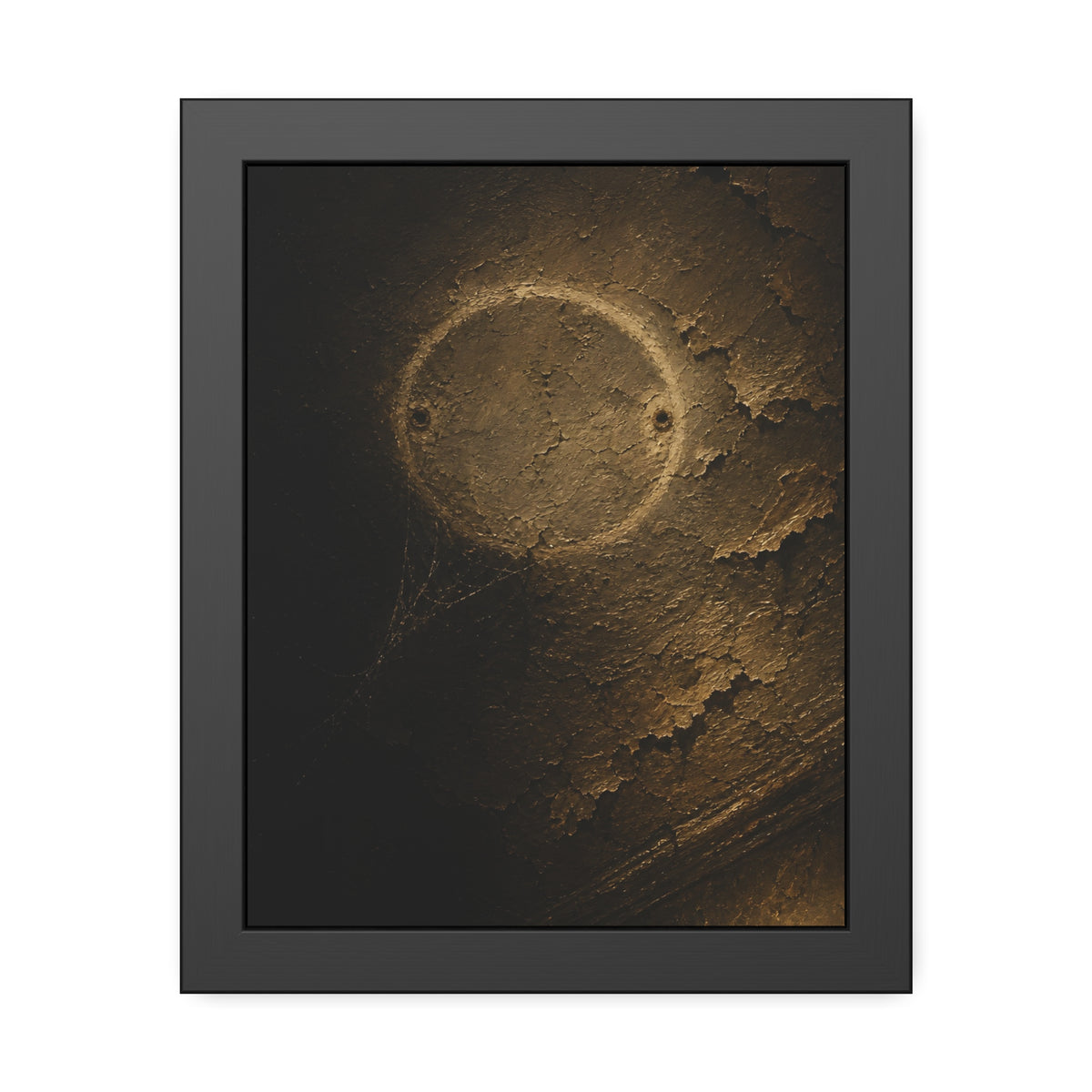 A pale ring and two screw holes on a peeling ceiling where a detector was. The Circle on the Ceiling by Garabaggio, framed fine art print, 11″ x 14″.