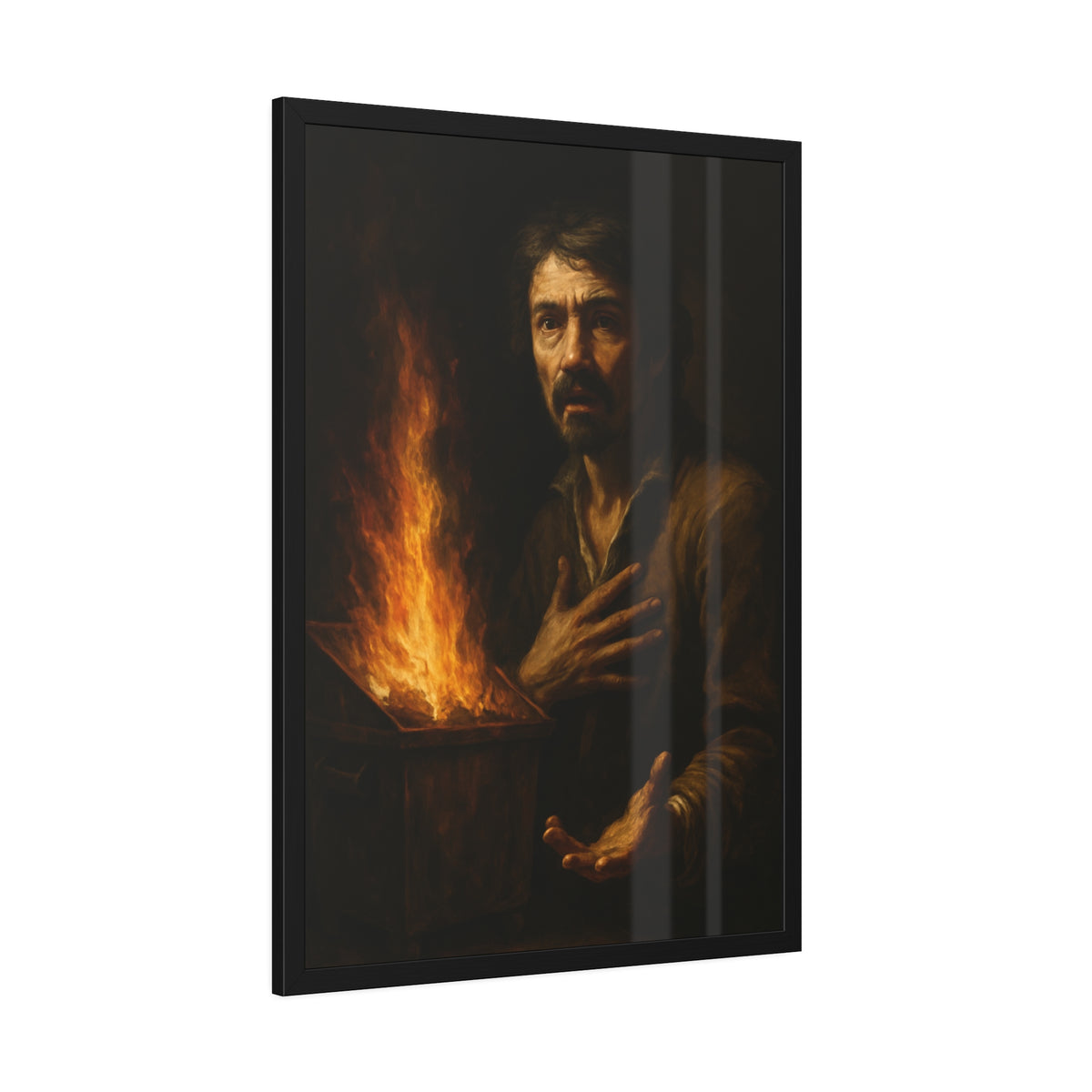 Man reaching an open palm toward a dumpster fire at his left. Self-Portrait as the Doubting Thomas by Garabaggio, framed fine art print hanging in a room.