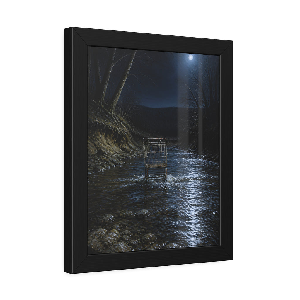 A shopping cart standing in a moonlit creek between dark trees. The Fording of the Creek by Garabaggio, framed fine art print hanging in a room.