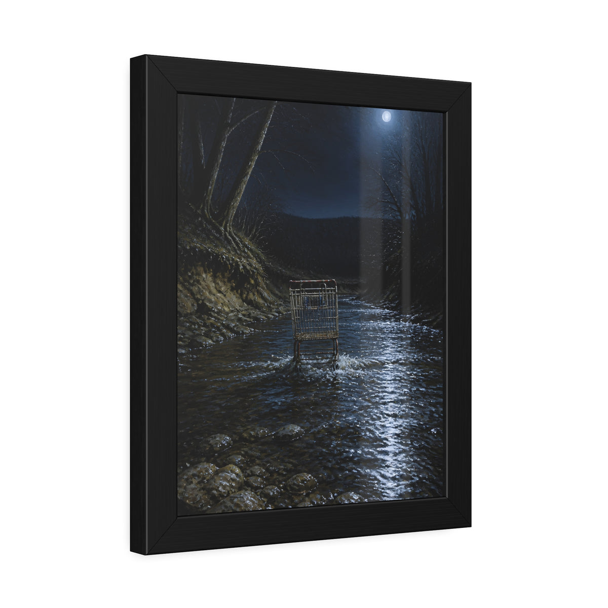 A shopping cart standing in a moonlit creek between dark trees. The Fording of the Creek by Garabaggio, framed fine art print hanging in a room.