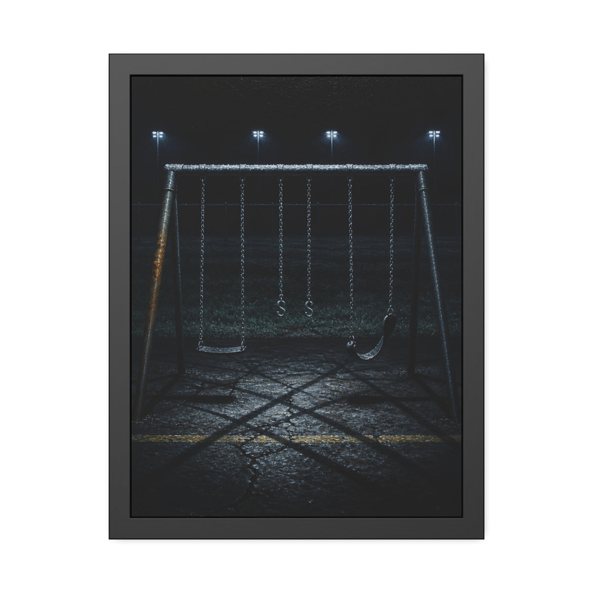 An empty swing set with a rusted leg on cracked asphalt. The Second Hour: The Rust Shaped Like a Hand by Garabaggio, framed fine art print, 18″ x 24″.