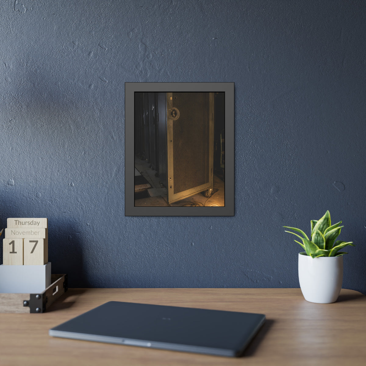 A perforated server rack door in a dark aisle lit by a floor work lamp. The Cold Aisle by Garabaggio, framed fine art print hanging in a room.