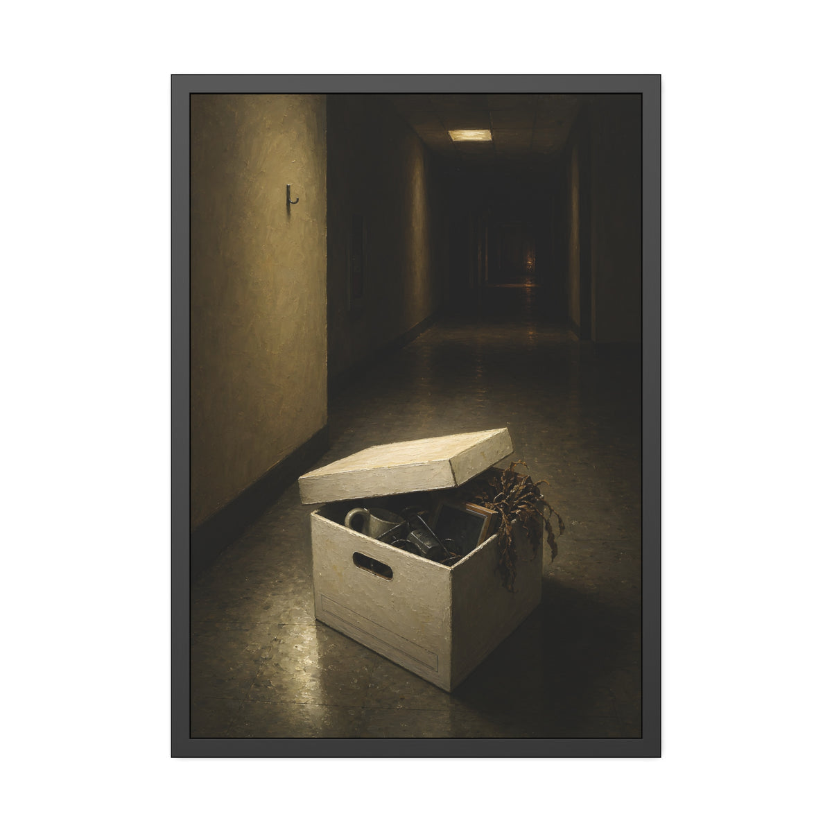 An open box of desk items on the floor of a dim office hallway. The Box of Personal Effects by Garabaggio, framed fine art print, 28″ x 40″.