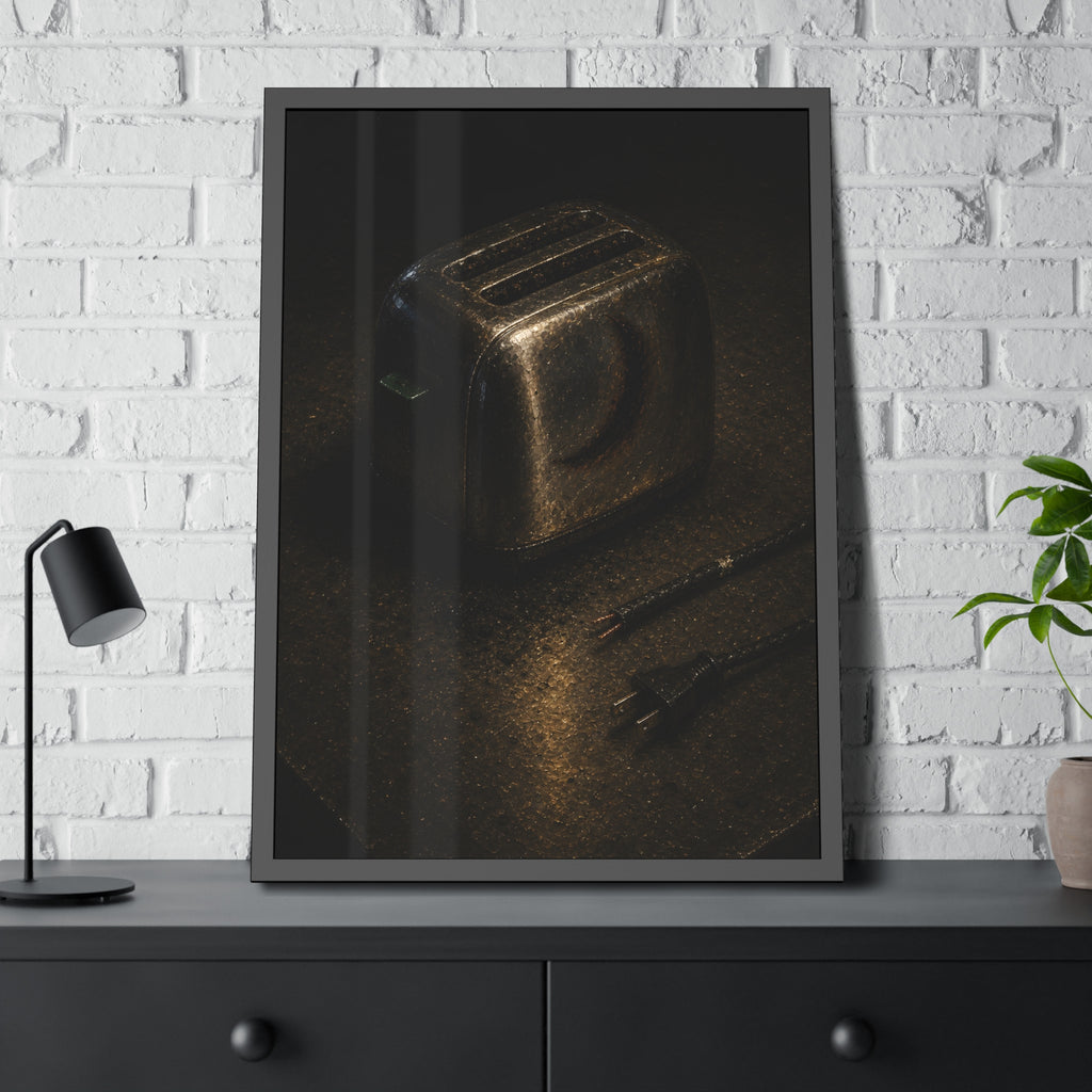 A scorched toaster on a metal table beside its severed cord and plug. The Severing of the Cord by Garabaggio, framed fine art print hanging in a room.