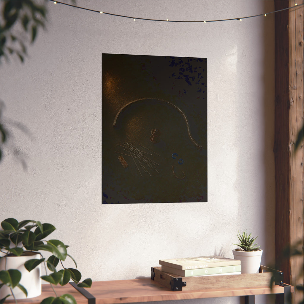 Bent bicycle rim, loose spokes and hub laid out on dark asphalt. Arc and Spokes by Garabaggio, fine art print hanging in a room.