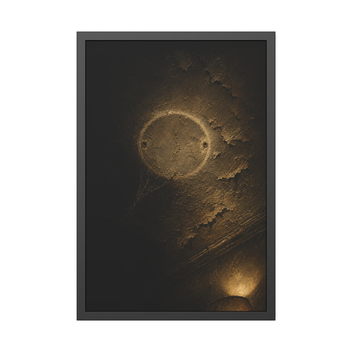 A pale ring and two screw holes on a peeling ceiling where a detector was. The Circle on the Ceiling by Garabaggio, framed fine art print, 24″ x 36″.