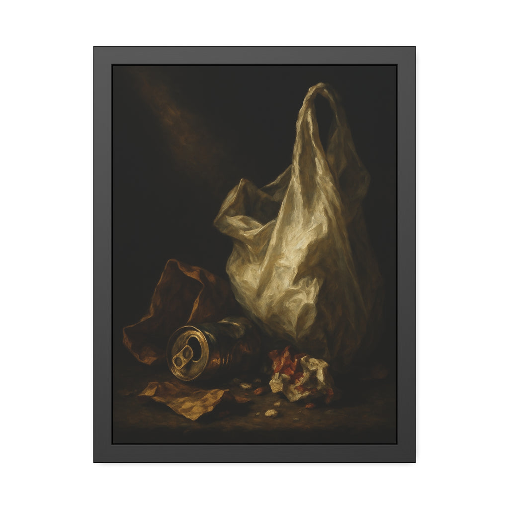A white plastic bag standing upright in a shaft of light. The Annunciation of the Plastic Bag by Garabaggio, framed fine art print hanging in a room.