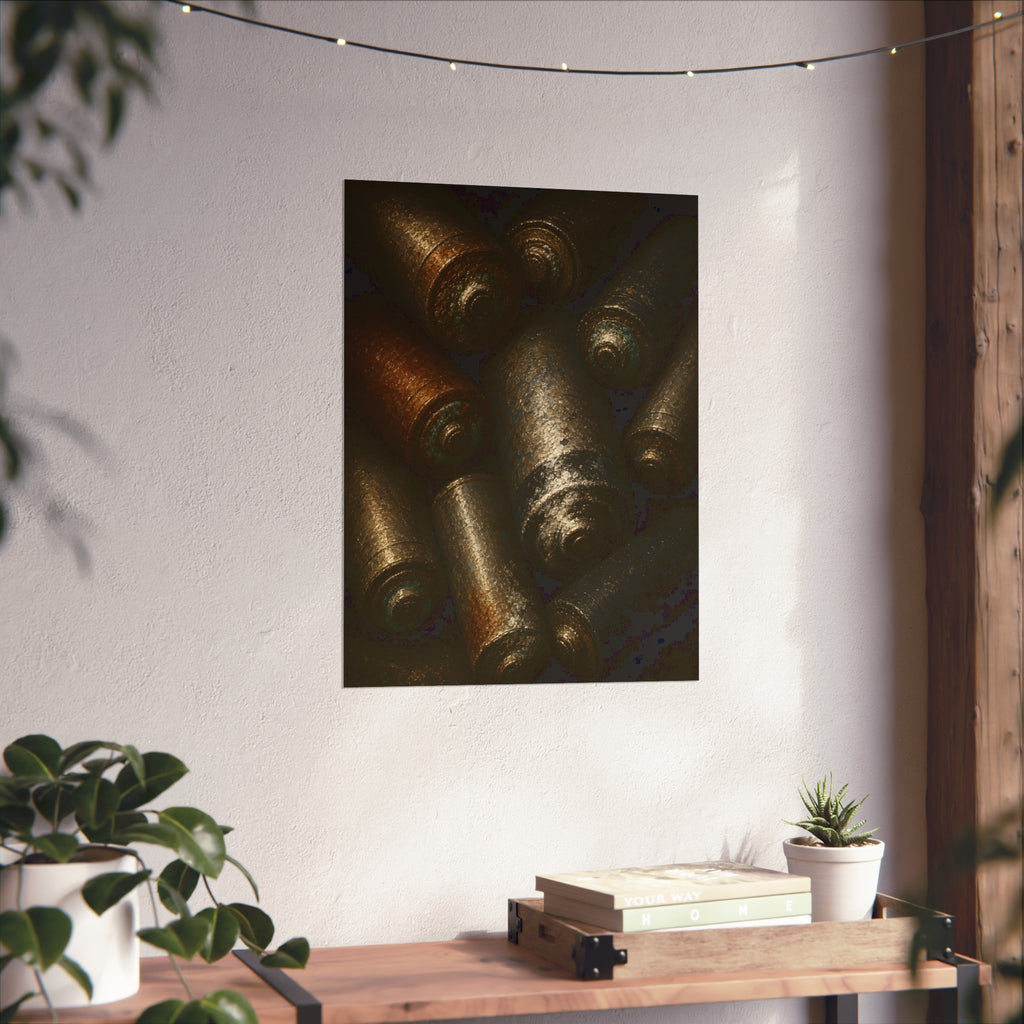 Heap of corroded batteries filling the frame in dim raking light. Chorus of Corrosion by Garabaggio, fine art print hanging in a room.