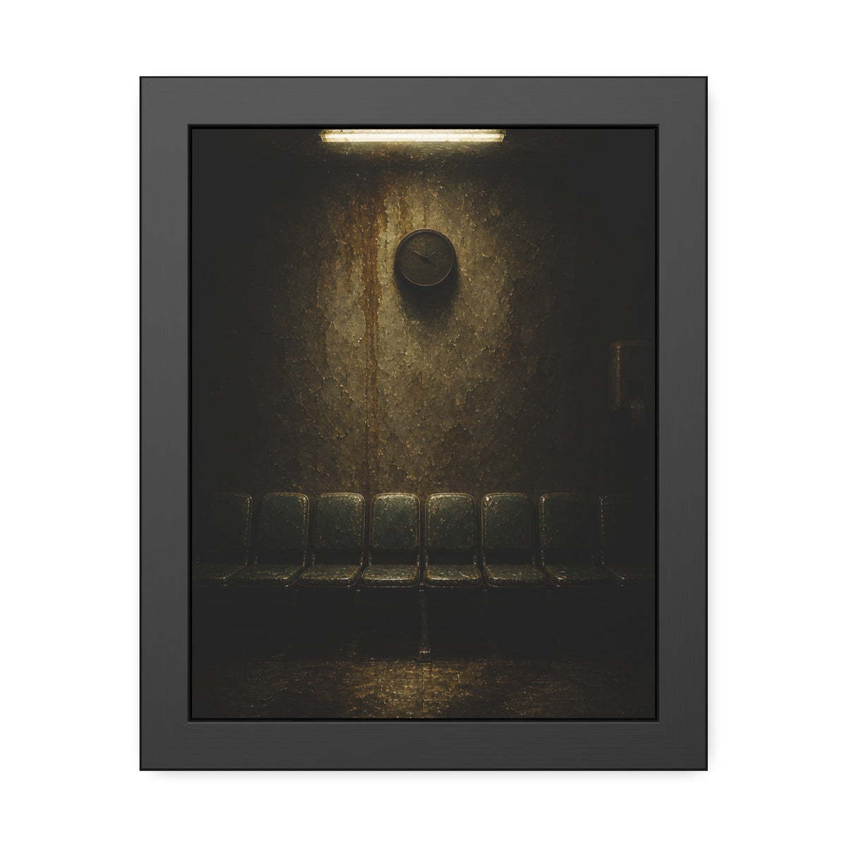 Empty waiting room seats below a stained wall clock and a strip light. Afternoon Without Movement by Garabaggio, framed fine art print, 11″ x 14″.