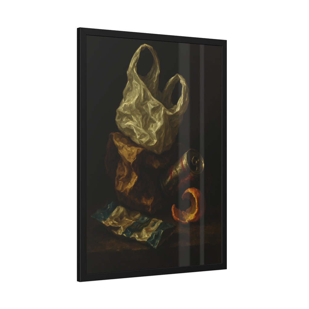 A plastic bag, crushed can and orange peel on a dim table. Still Life with Orange Peel and Resignation by Garabaggio, framed fine art print hanging in a room.