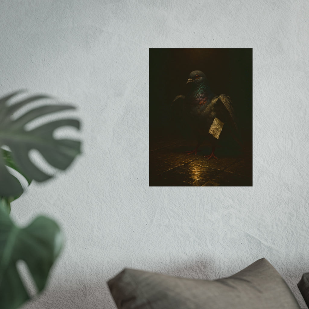 A pigeon with wings half raised, a paper scrap at its side. The Annunciation of the Common Pigeon by Garabaggio, fine art print hanging in a room.