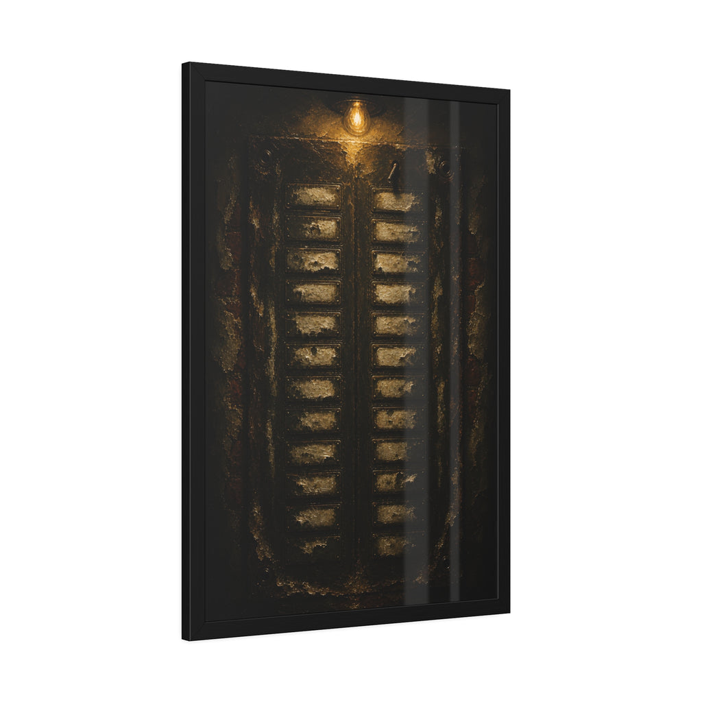 An apartment intercom panel with blank nameplates, lit from above. The Labels Removed by Garabaggio, framed fine art print hanging in a room.