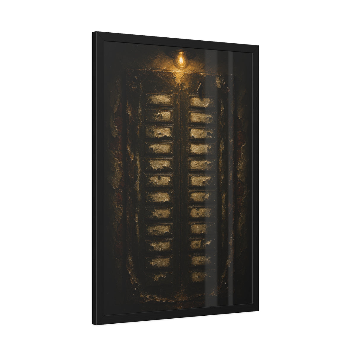 An apartment intercom panel with blank nameplates, lit from above. The Labels Removed by Garabaggio, framed fine art print hanging in a room.