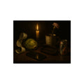 A candle, lettuce head, curled receipt and can on a dim table. Vanitas with Receipts and Wilted Lettuce by Garabaggio, fine art print, 16″ x 12″.