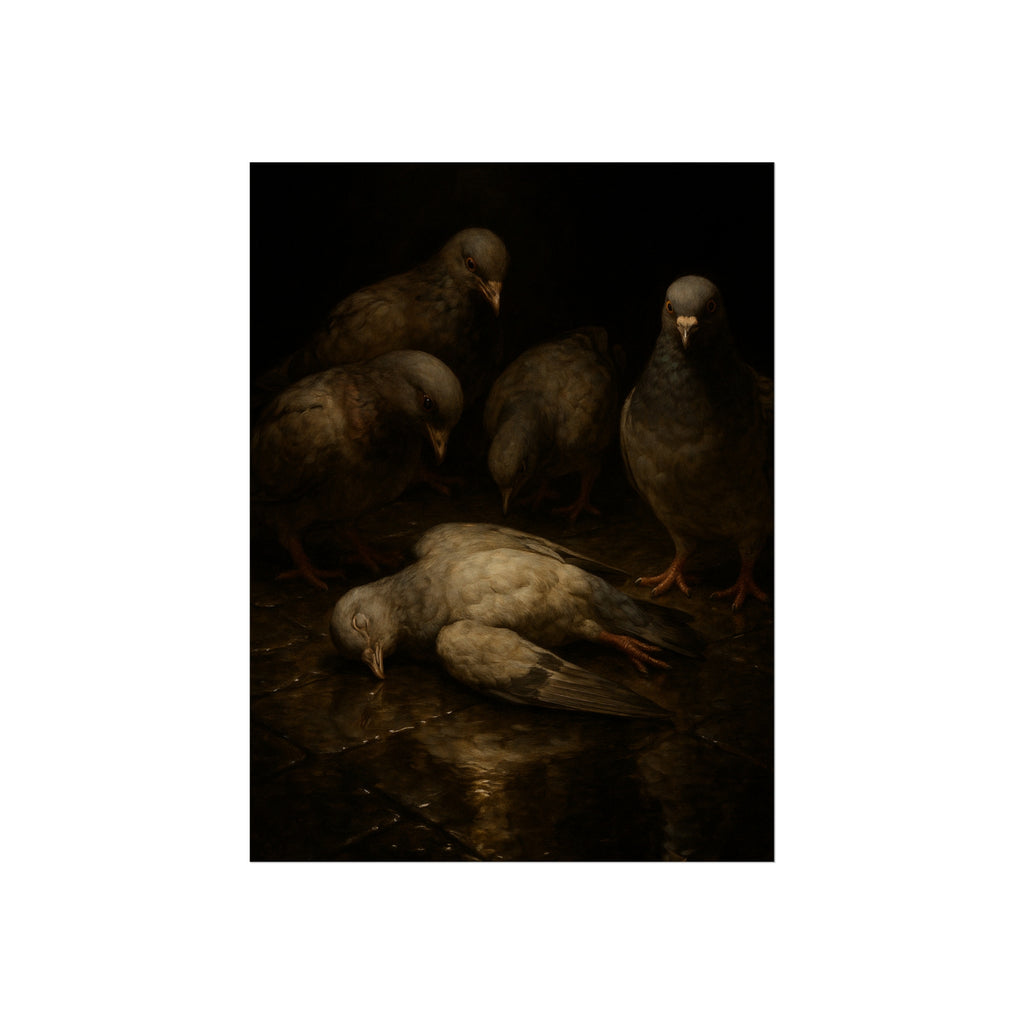 Four pigeons standing over a dead pigeon on wet pavement. The Lamentation by Garabaggio, fine art print hanging in a room.