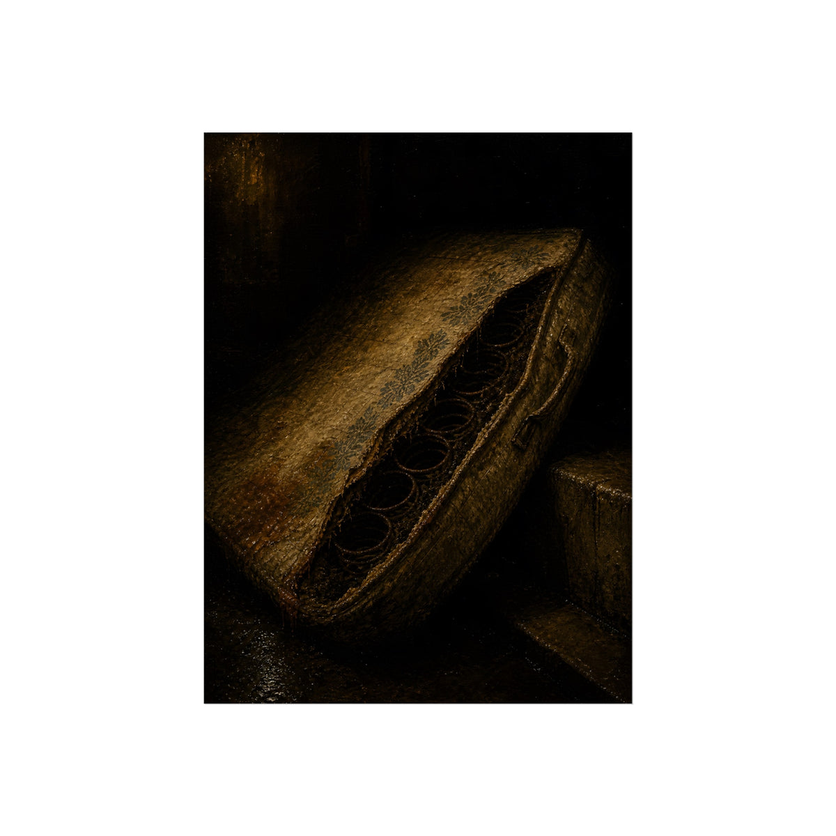 A torn mattress propped on its side, coil springs showing through the split. The Showing of the Springs by Garabaggio, fine art print, 18″ x 24″.