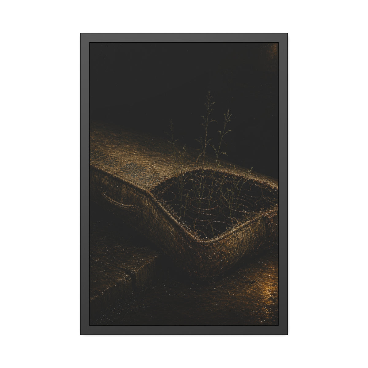 Weeds growing through a torn mattress left at a wet curb at night. The Rooting of Weeds by Garabaggio, framed fine art print, 24″ x 36″.