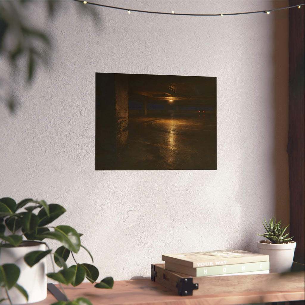 An empty concrete parking deck lit by one ceiling lamp, tail lights beyond. The Parking Garage, Level 4 by Garabaggio, fine art print hanging in a room.