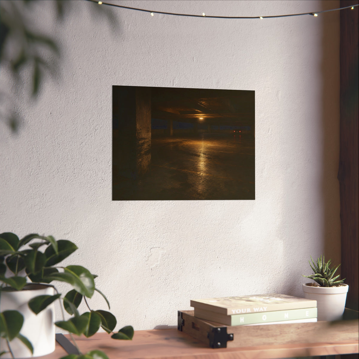 An empty concrete parking deck lit by one ceiling lamp, tail lights beyond. The Parking Garage, Level 4 by Garabaggio, fine art print hanging in a room.
