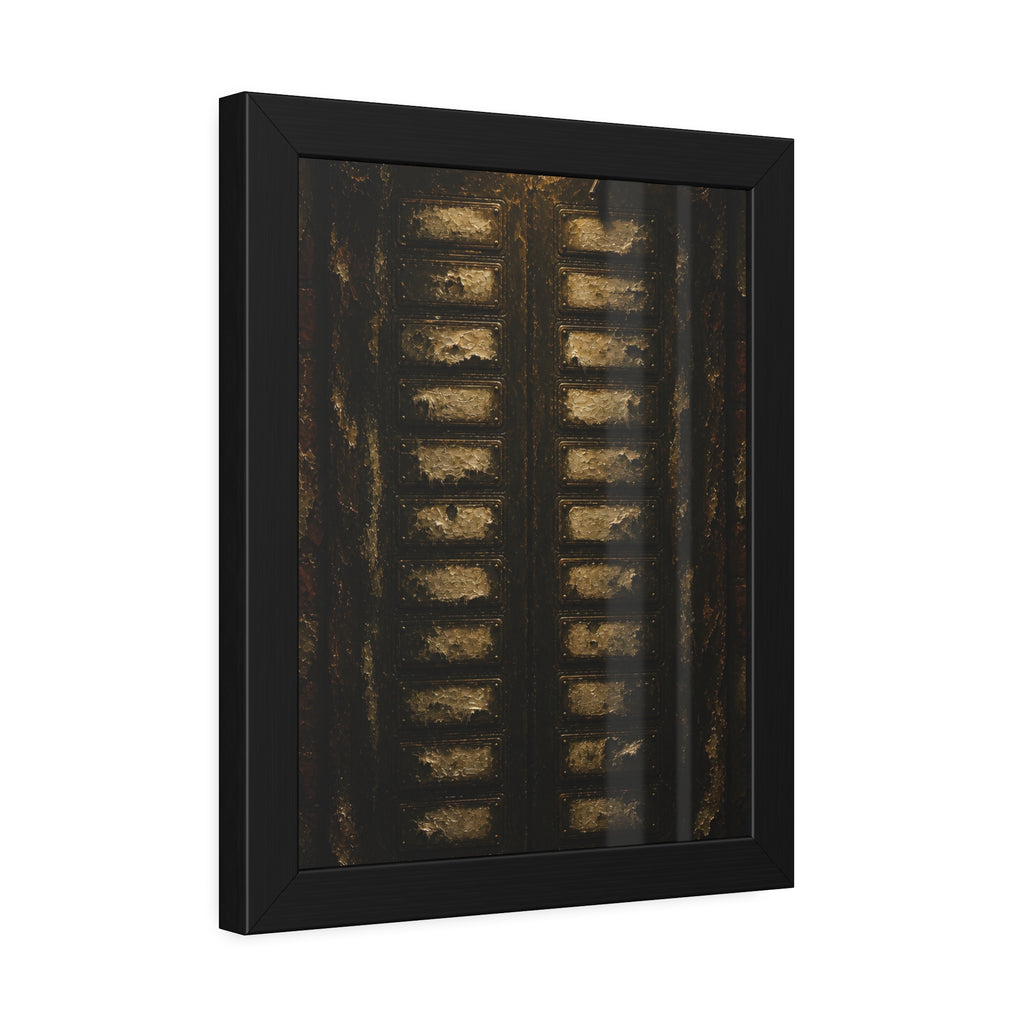 An apartment intercom panel with blank nameplates, lit from above. The Labels Removed by Garabaggio, framed fine art print hanging in a room.