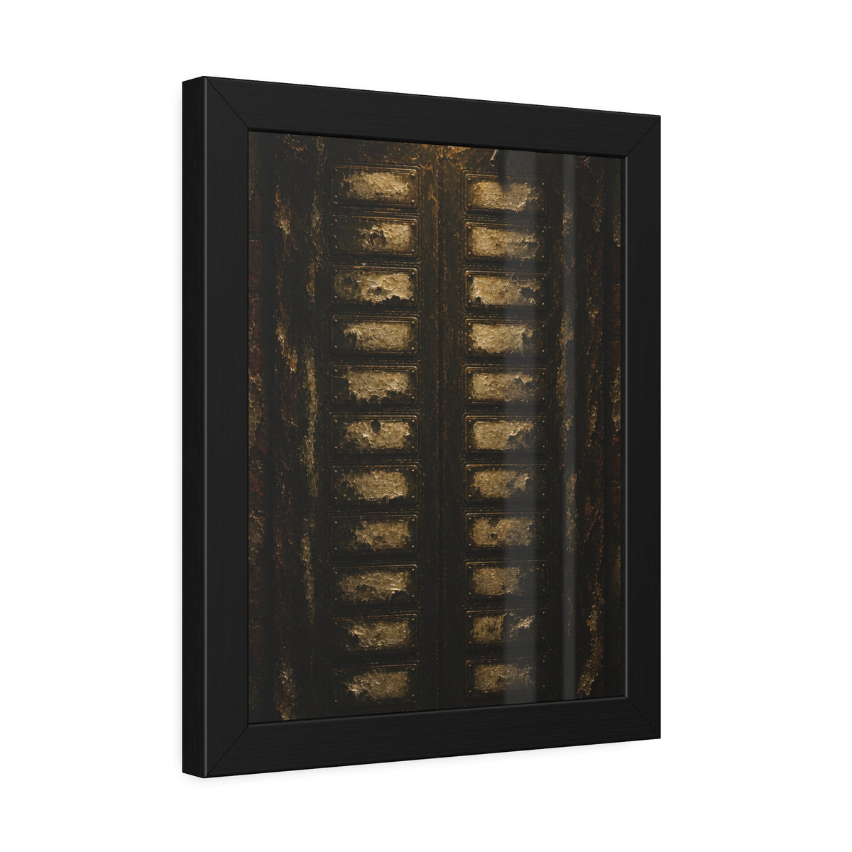 An apartment intercom panel with blank nameplates, lit from above. The Labels Removed by Garabaggio, framed fine art print hanging in a room.