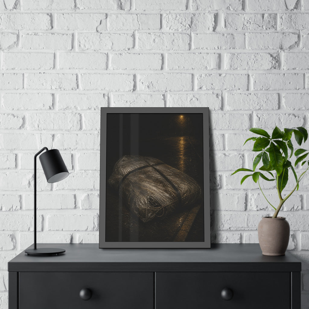 A mattress wrapped in plastic and strapped shut on a wet night street. The Municipal Shroud by Garabaggio, framed fine art print hanging in a room.