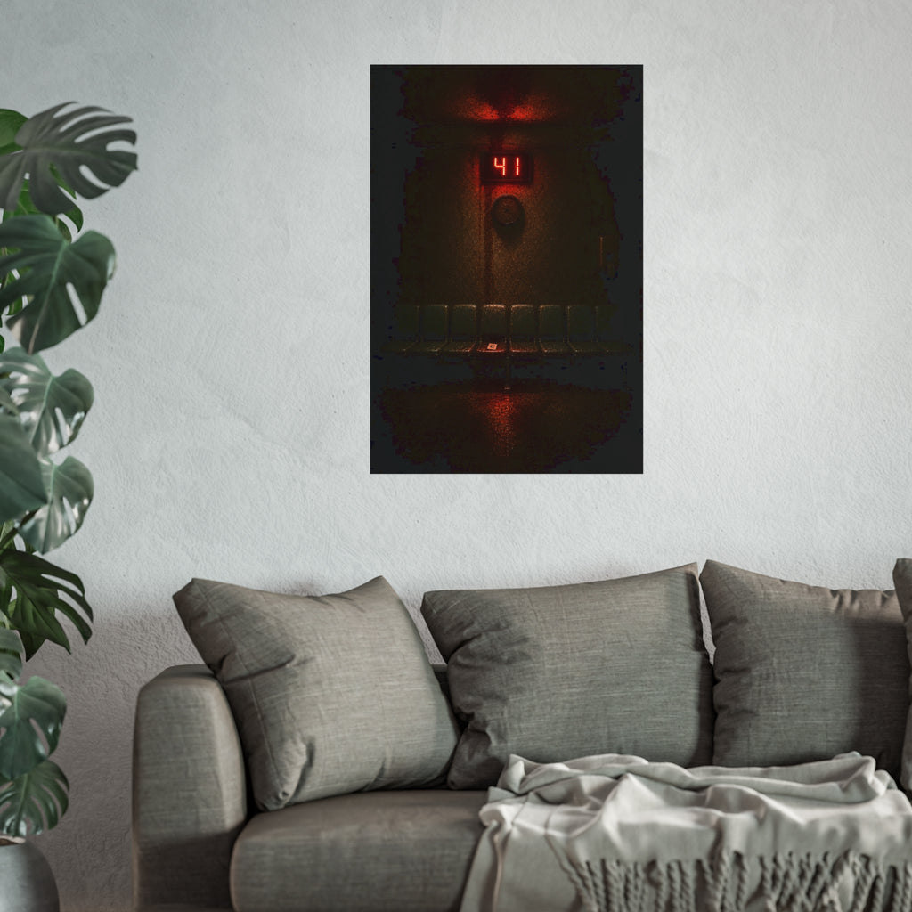 An empty row of waiting room seats beneath a red display reading 41. The Call That Does Not Come by Garabaggio, fine art print hanging in a room.