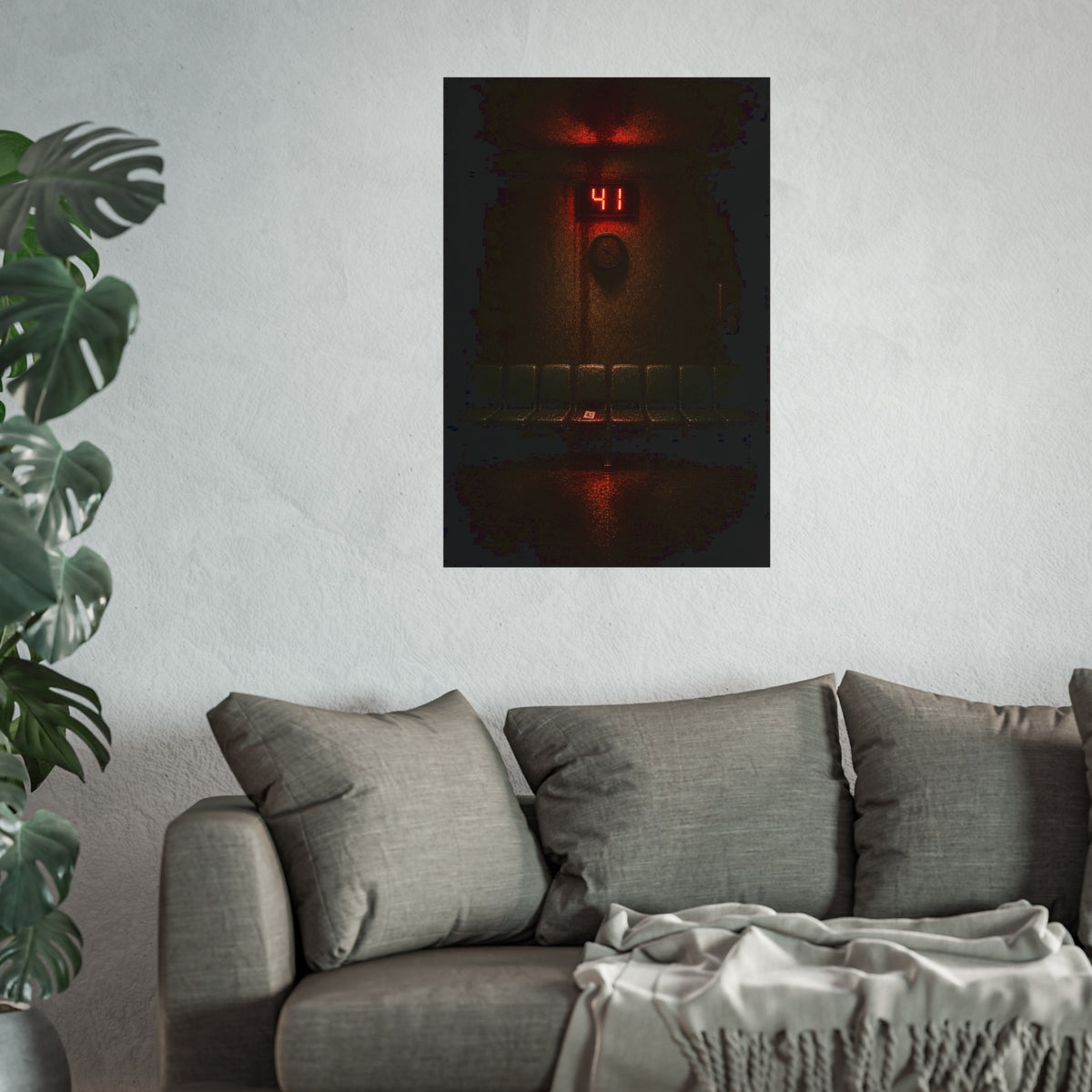 An empty row of waiting room seats beneath a red display reading 41. The Call That Does Not Come by Garabaggio, fine art print hanging in a room.