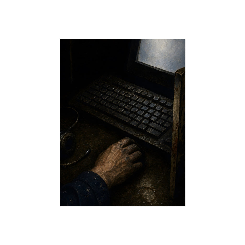 A hand on a mouse beside a grimy keyboard and a pale glowing screen. Login Before Dawn by Garabaggio, fine art print, 12″ x 16″.