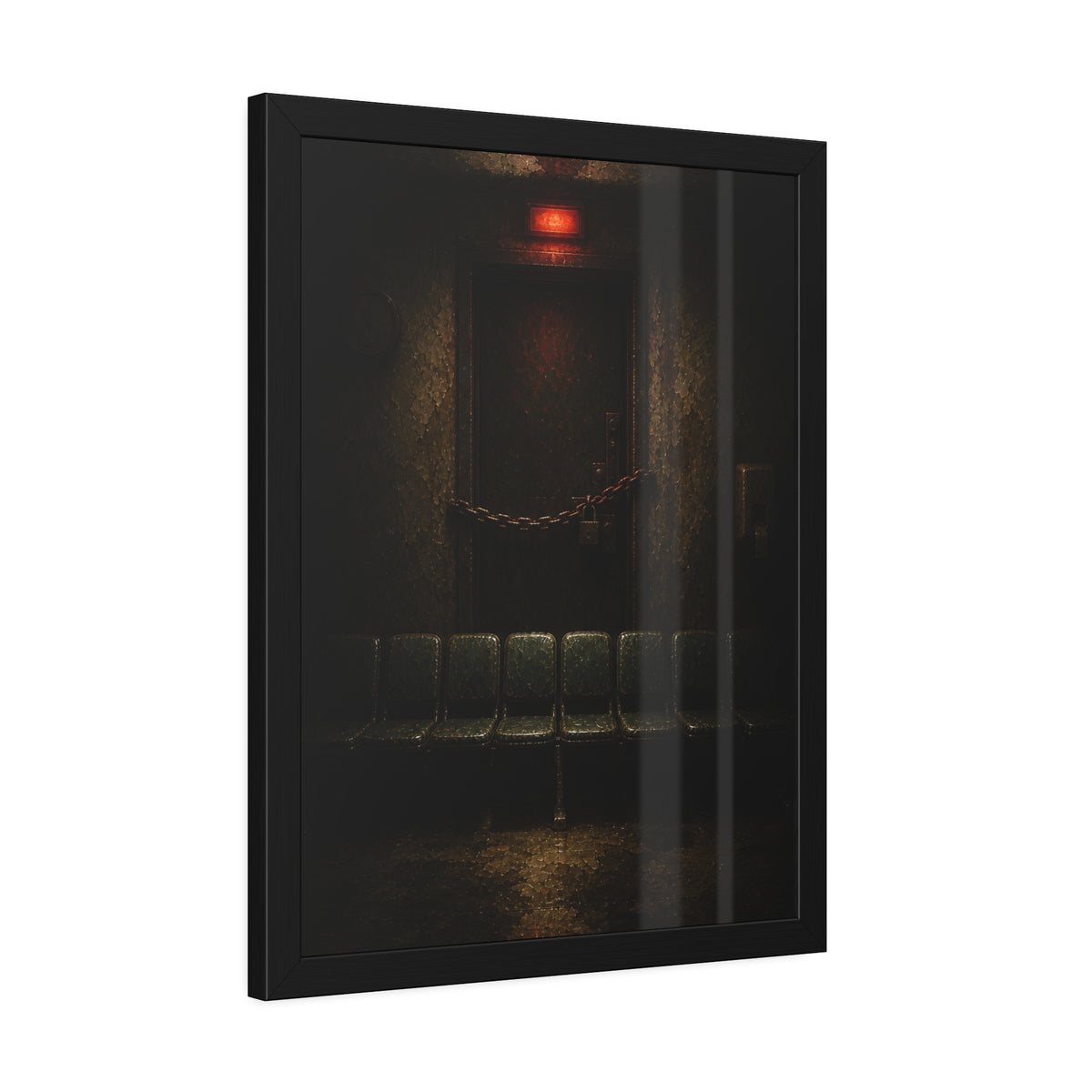 Chained waiting room door under a red exit light, empty seats below. After Closing by Garabaggio, framed fine art print hanging in a room.