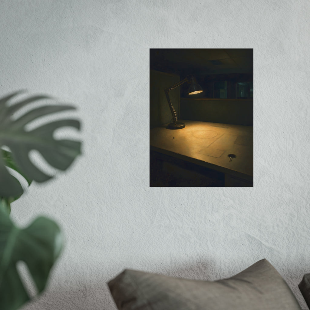 A lit desk lamp on an emptied office desk at night. The Desk Lamp Still Warm by Garabaggio, fine art print hanging in a room.