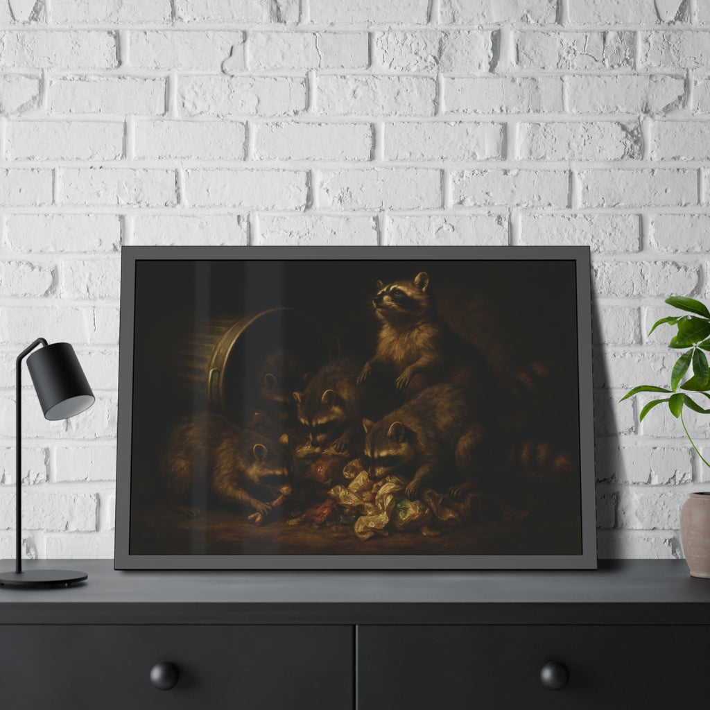 Five raccoons around a toppled metal trash can and spilled scraps. The Entombment of the Garbage by Garabaggio, framed fine art print hanging in a room.