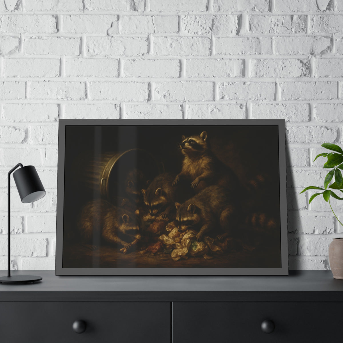 Five raccoons around a toppled metal trash can and spilled scraps. The Entombment of the Garbage by Garabaggio, framed fine art print hanging in a room.