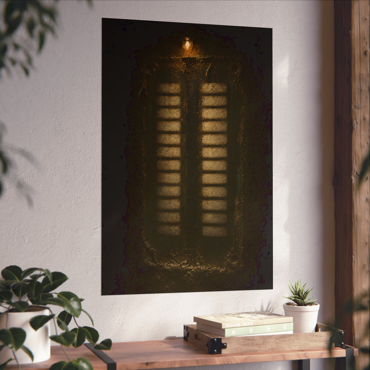 Two columns of blank name slots on a corroded intercom panel. Twenty-Four Pale Rectangles by Garabaggio, fine art print hanging in a room.
