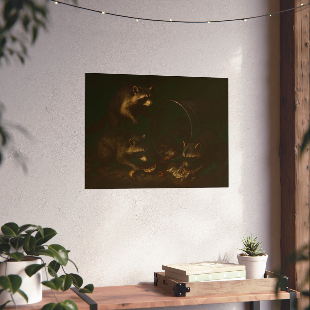 Raccoons at a tipped metal pail, one gnawing a melon rind in the dark. The Supper at the Alleyway by Garabaggio, fine art print hanging in a room.