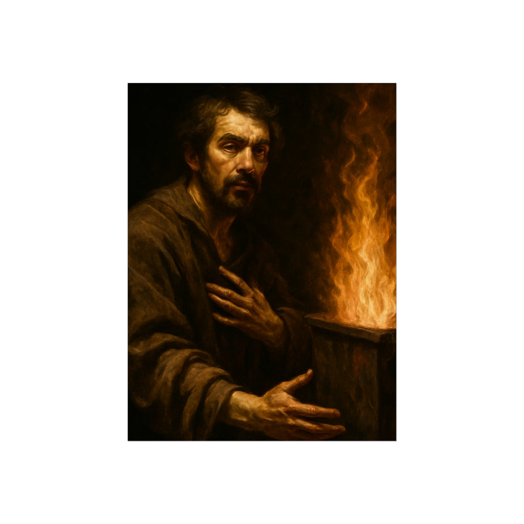 Bearded man with a hand on his chest beside flames rising from a bin. Self-Portrait as a Penitent by Garabaggio, fine art print, 12″ x 16″.