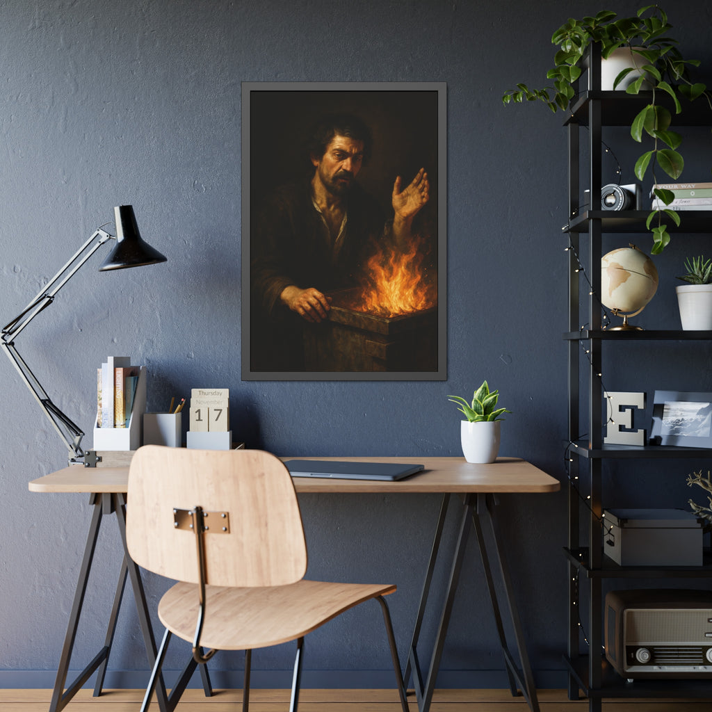 Man holding one hand high over the flames of an open burning bin. Self-Portrait Commanding the Light by Garabaggio, framed fine art print hanging in a room.