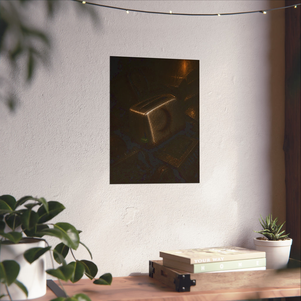 A scorched toaster resting on a heap of scrap appliances in dim light. The Arrival at Scrap by Garabaggio, fine art print hanging in a room.