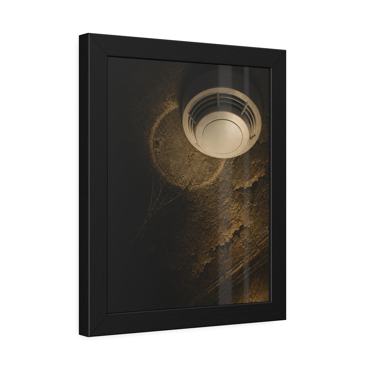 A new smoke detector on a stained ceiling next to an old mounting ring. The New Detector by Garabaggio, framed fine art print hanging in a room.