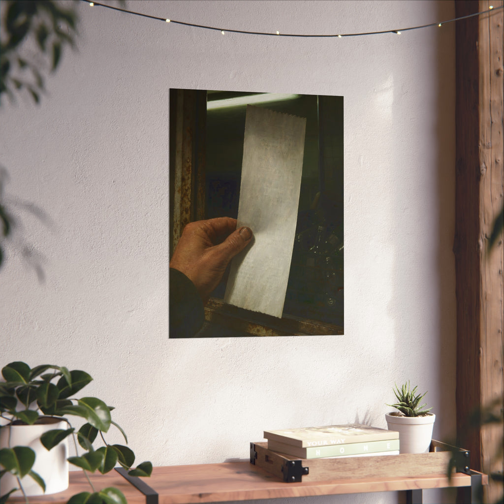 A hand holding a blank slip at a rusted counter window, bottles behind. The Receipt of Absolution by Garabaggio, fine art print hanging in a room.