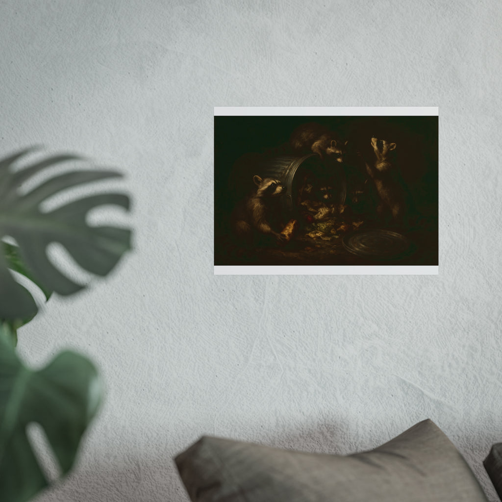 Raccoons around a tipped metal trash can, scattering food scraps. The Vigil of the Midnight Feast by Garabaggio, fine art print hanging in a room.